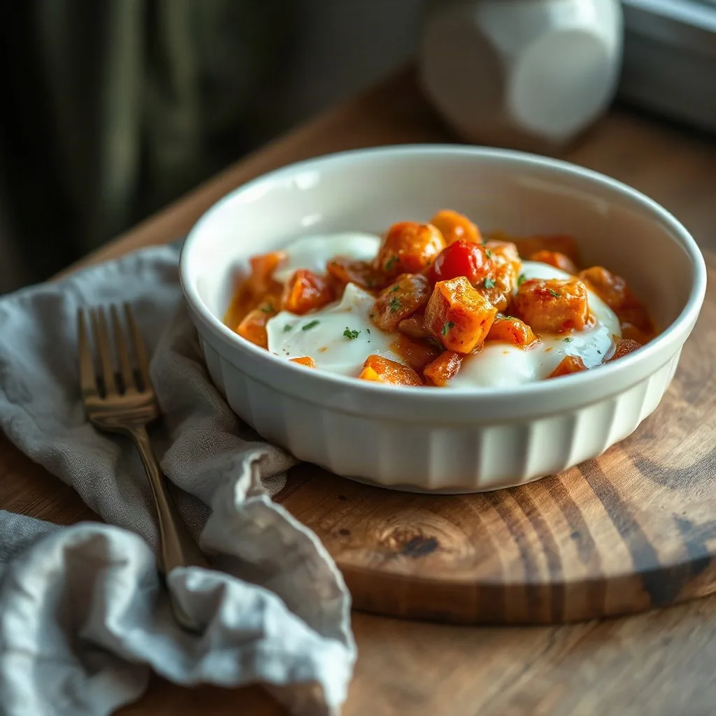 In a bowl, in visible pieces and lightly coloured.